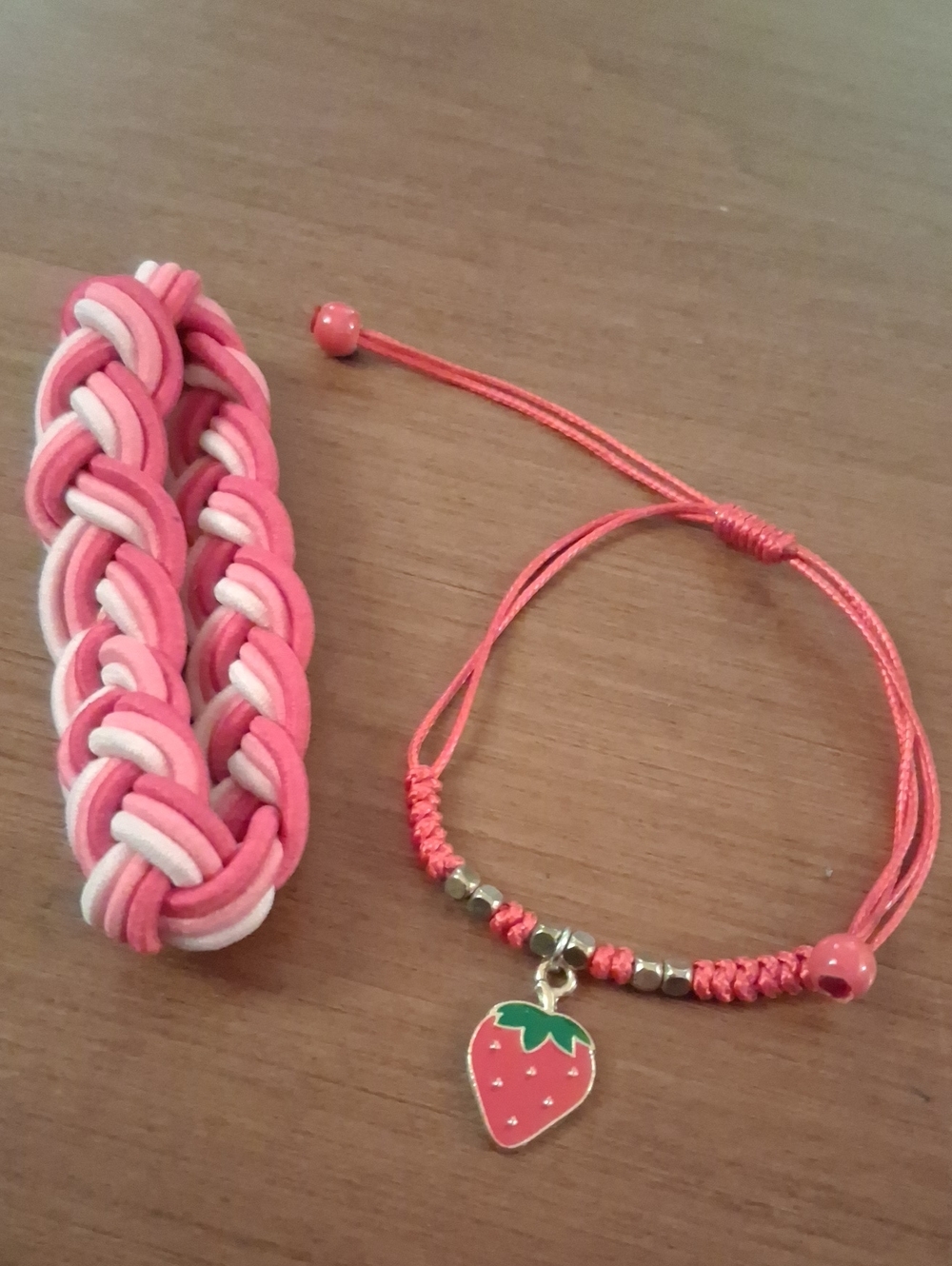 Kids Pink Strawberry Charm Adjustable Bracelet and Braided Bracelet